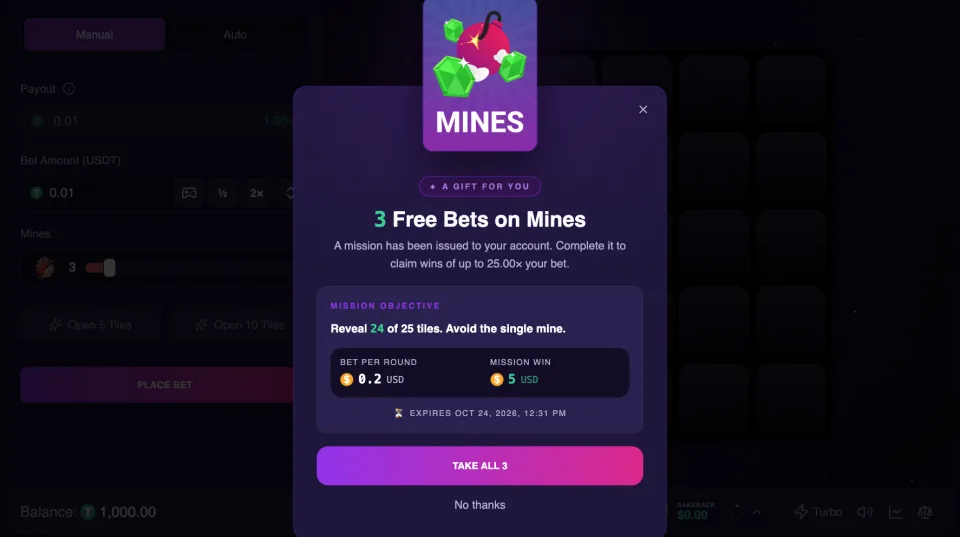 A free mission offer over the Mines board
